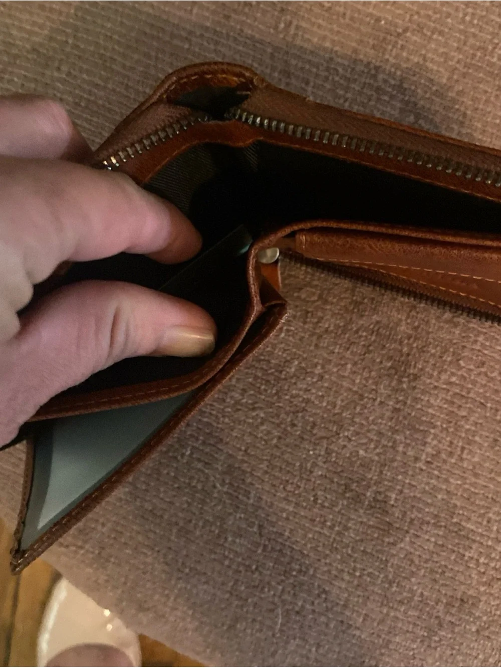 Genuine Brown Leather Zip Card Wallet for Men